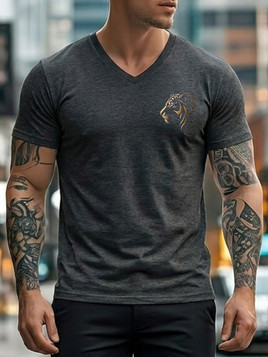 Casual Style Men's V-Neck T-Shirt Panther Print Summer Wear Gift for Him - Dark Gray