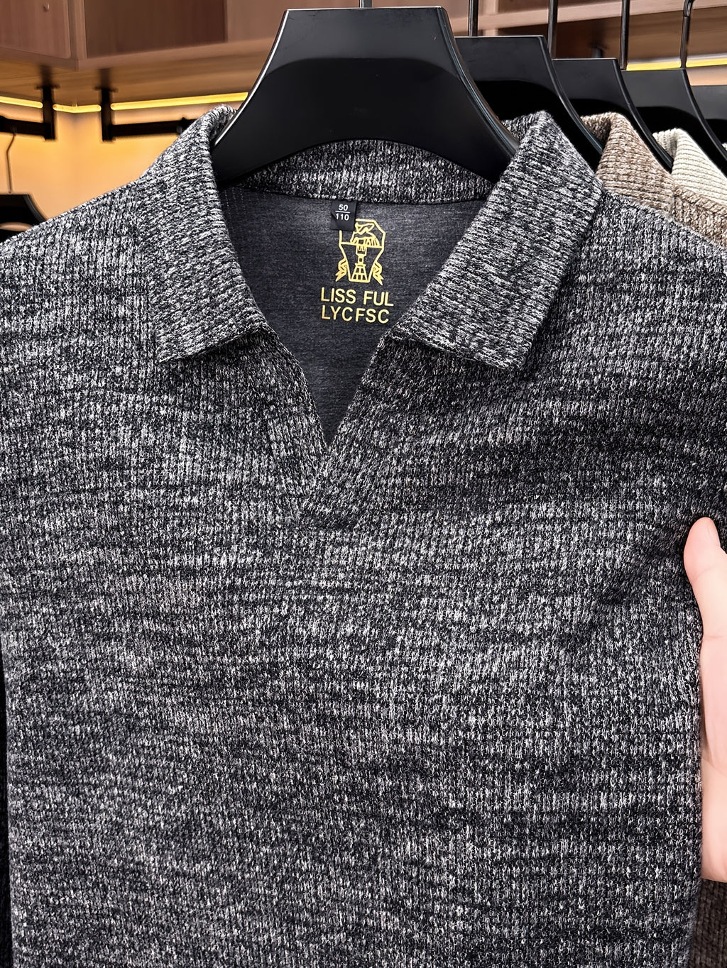Autumn New Style Long Sleeve Polo Shirt Lapel No Button V-Neck Design Vertical Stripes Ribbed Knit Thick Long Sleeve Solid Color Basic Fit Outdoor Casual Commuter Men'S Clothing Quality Casual Top Business Office - heather grey