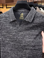 Autumn New Style Long Sleeve Polo Shirt Lapel No Button V-Neck Design Vertical Stripes Ribbed Knit Thick Long Sleeve Solid Color Basic Fit Outdoor Casual Commuter Men'S Clothing Quality Casual Top Business Office - heather grey