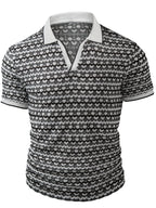 European and American Men's Fashion Black and White Geometric Texture V-Neck Color-Block Short Sleeve Shirt - Black And White Color