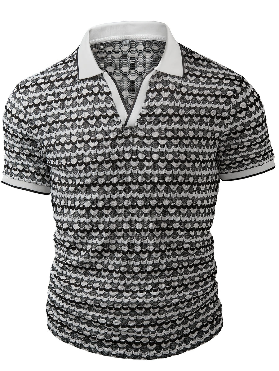 European and American Men's Fashion Black and White Geometric Texture V-Neck Color-Block Short Sleeve Shirt - Black And White Color