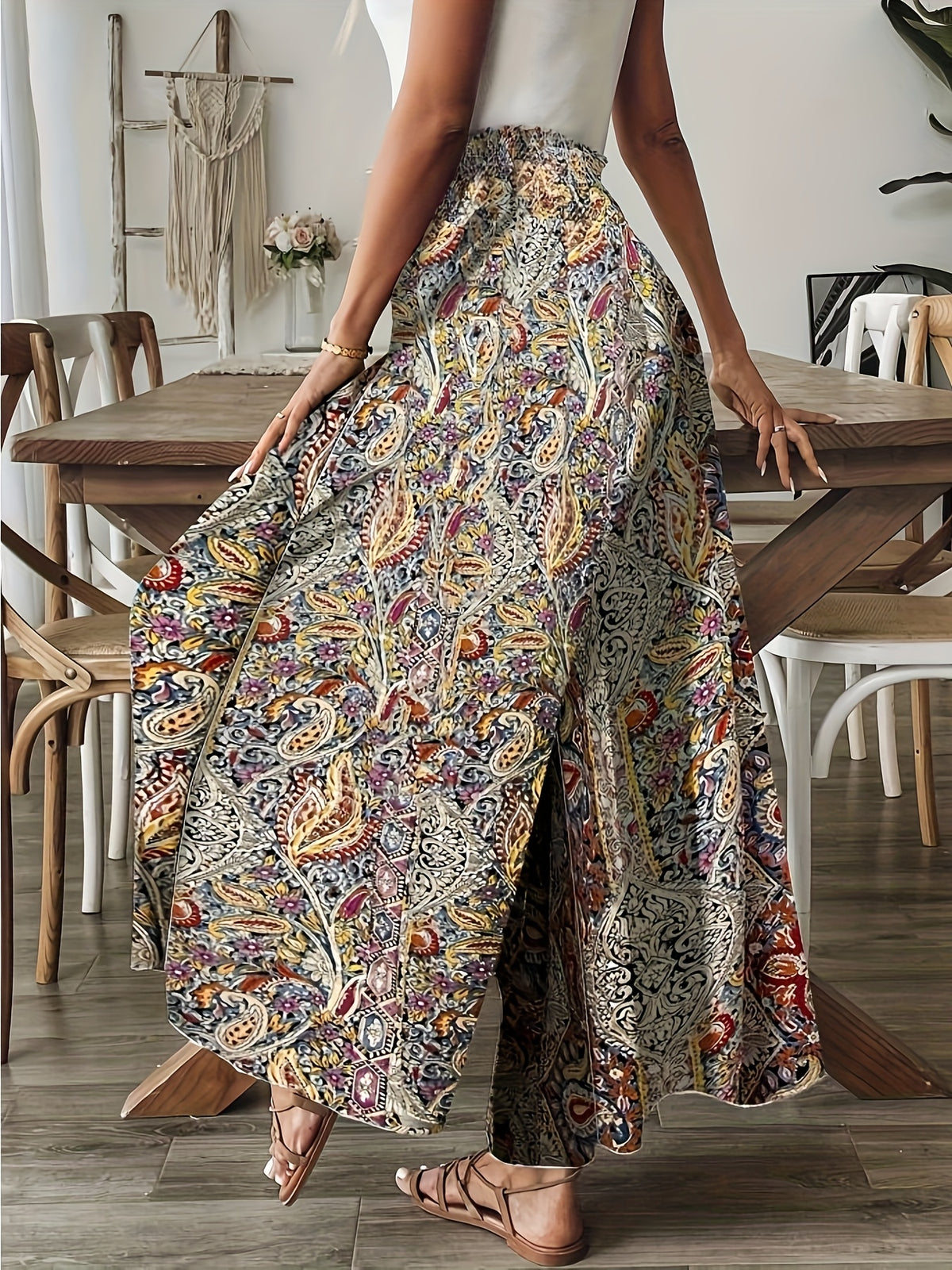 Women's Paisley Print High-Waisted Wide-Leg Pants, Elegant Non-Stretch Fabric + Dense Hem Gathering Craftsmanship, Loose Fit for Spring, Summer, and Autumn, Paisley Print Wide-Leg Pants with Hip-Covering Effect, Ideal for Vacation Photoshoots - Mixed colors