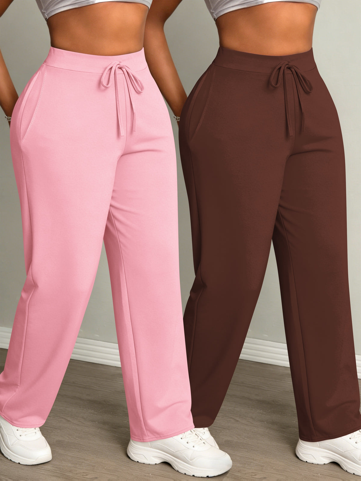 Women's Fashion Daily 2pcs Set, Comfortable Loose-Fit Solid Color Drawstring Waist Wide-Leg Sweatpants - Pink+Brown