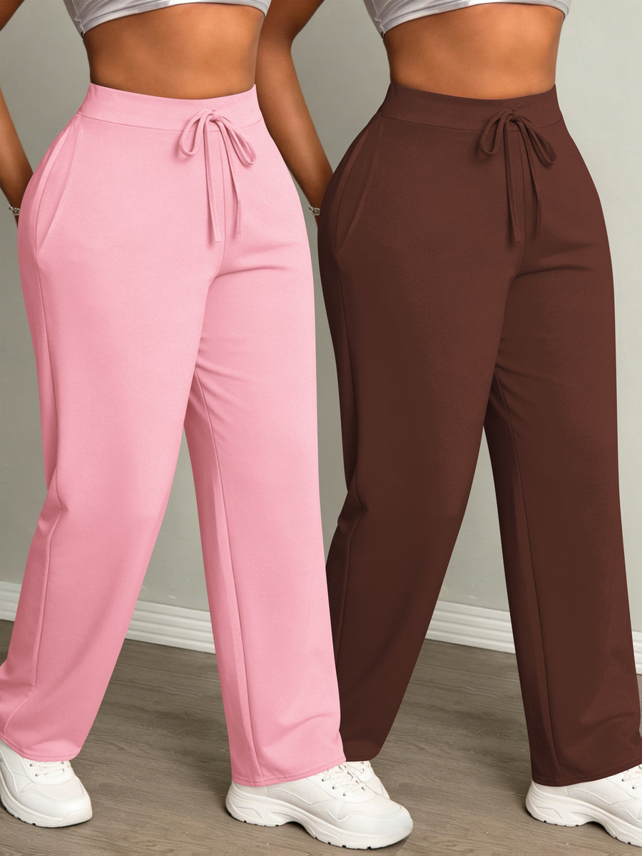 Women's Fashion Daily 2pcs Set, Comfortable Loose-Fit Solid Color Drawstring Waist Wide-Leg Sweatpants - Pink+Brown