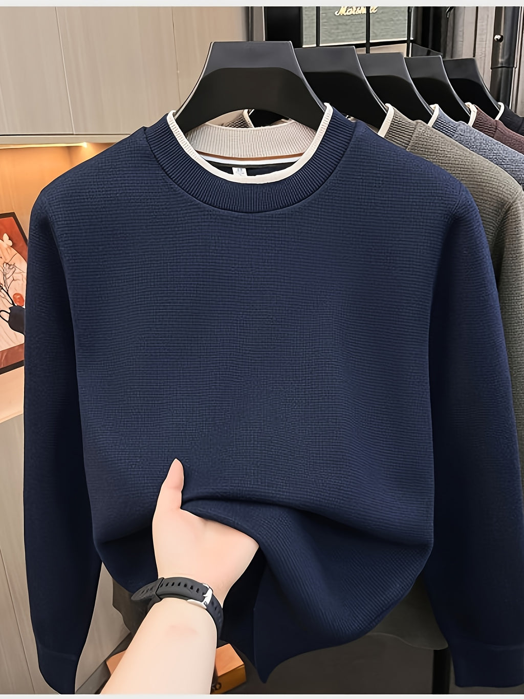Men'S Round Neck Knit Sweater, Gray Contrast Trimmed Collar Long Sleeve, Light Business Style, Regular Fit for Fall/Winter, Suitable for Layering And Casual Outings - Navy