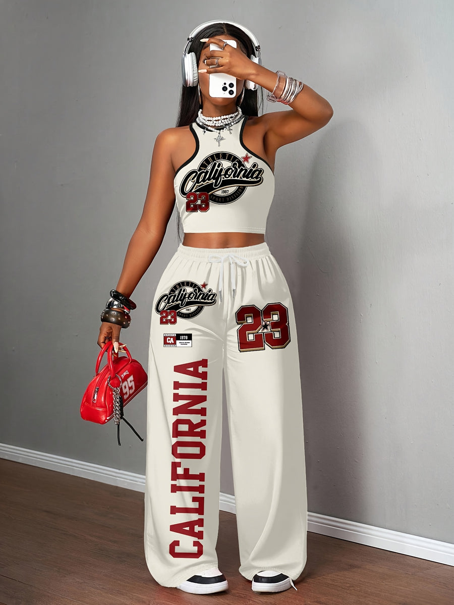 A Two-Piece Set for Women Consisting of a Casual Tank Top And Long Pants, Featuring a Regular Fit, Printed with The Number '23' And Letter Patterns, Using Digital Printing Technology, Stylish And Comfortable, Perfect for Everyday Wear - Apricot2