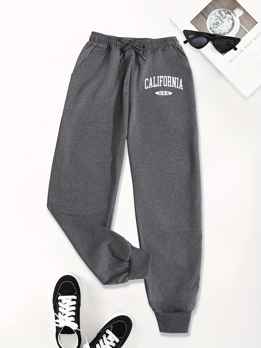 Casual Trousers with a Graphic Design, Featuring an Elastic Waistband, Suitable for Women - Dark Gray