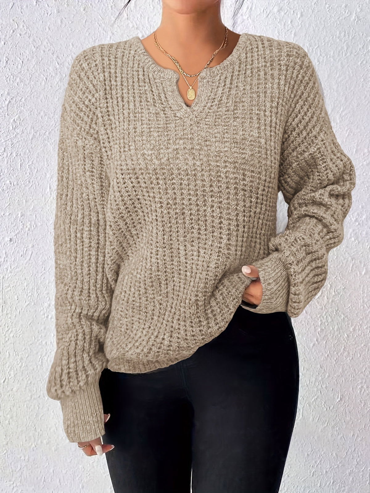 Women'S Casual Versatile Long Sleeve Sweater, Neckline Design - Multi-Functional Top, Suitable for Autumn Winter Casual Wear, All Seasons - Apricot