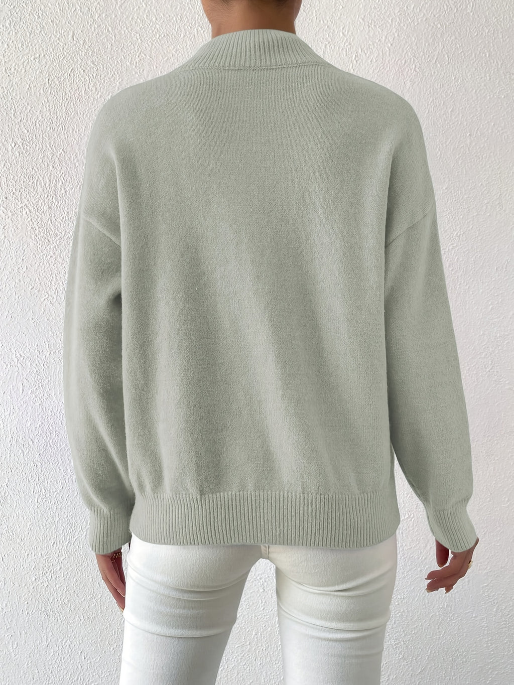 Women's Solid Color Elegant Mock Neck Long Sleeve Drop Shoulder Pullover Sweater - Light Green