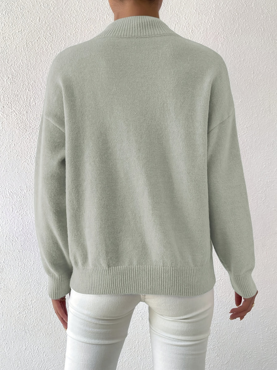 Women's Solid Color Elegant Mock Neck Long Sleeve Drop Shoulder Pullover Sweater - Light Green