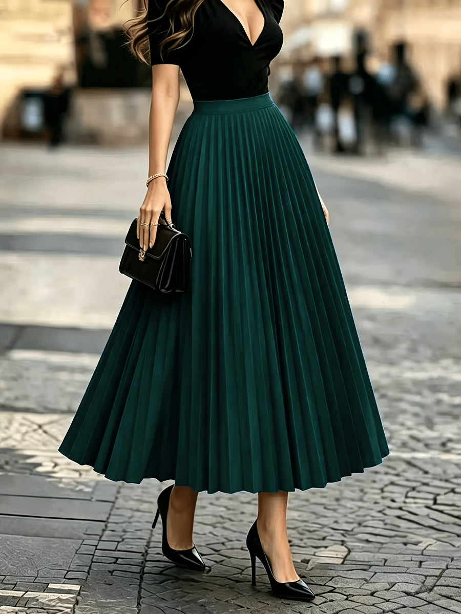 1pc Women's Skirt, Spring/autumn Solid Color Stretch Waist Sun Pleat A-line Skirt - Dark Green