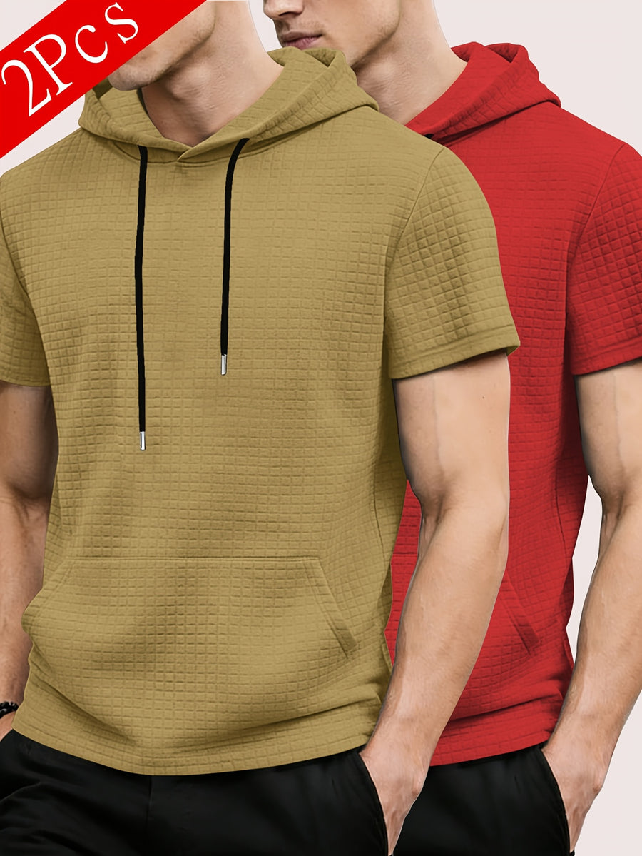 2pcs Men's Waffle Knit Short-Sleeve Hoodie with Kangaroo Pocket, Soft and Breathable Fabric, Multiple Color Options, Versatile, Simple, Stylish, and Casual for Daily Wear or Sports, a Great Choice for Holiday Gifts for Fathers, Partners, and Friends - Khaki + Red