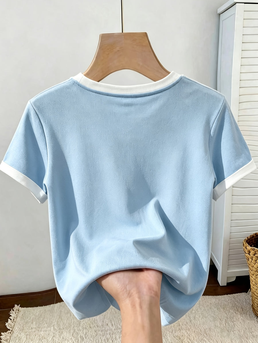 New Arrival Women's European and American Style Color Block Slim Fit Short Sleeve T-Shirt, Fun Vintage Y2K Niche Dark Minimalist Creative Gothic Spider Print Design, Sweet and Cool Y Streetwear Style, Versatile Top for Summer Outings and Daily Wear - Light Blue 4
