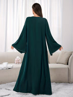 1pc Slim-fit Stretch Abaya Sleeve Front Zipper A-line AbayaElegant Flowing Muslim Robe Convenient Daily Islamic Women's WearStretch Sleeve Front Zipper AbayaSuitable for Daily Commuting, Gatherings with Family Friends, and Islamic Festive Occasions - Dark Green
