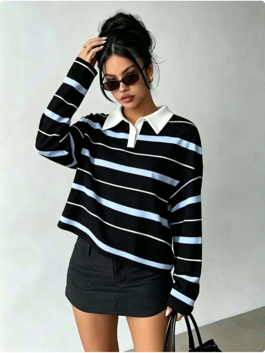 [Printed Design – Not Textured] Women's New Long-Sleeve Fashionable and Versatile Polo Shirt, American Vintage Striped Style in Black, Light Blue, and White Contrasting Horizontal Stripes with White Collar and Printed Long Sleeves. A Flattering - Multicolor