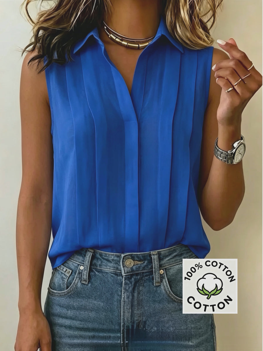 Pleated Design Statement Sleeveless Shirt, Women'S Lapel V-Neck Loose All-Match Summer Commute Top - Royal Blue