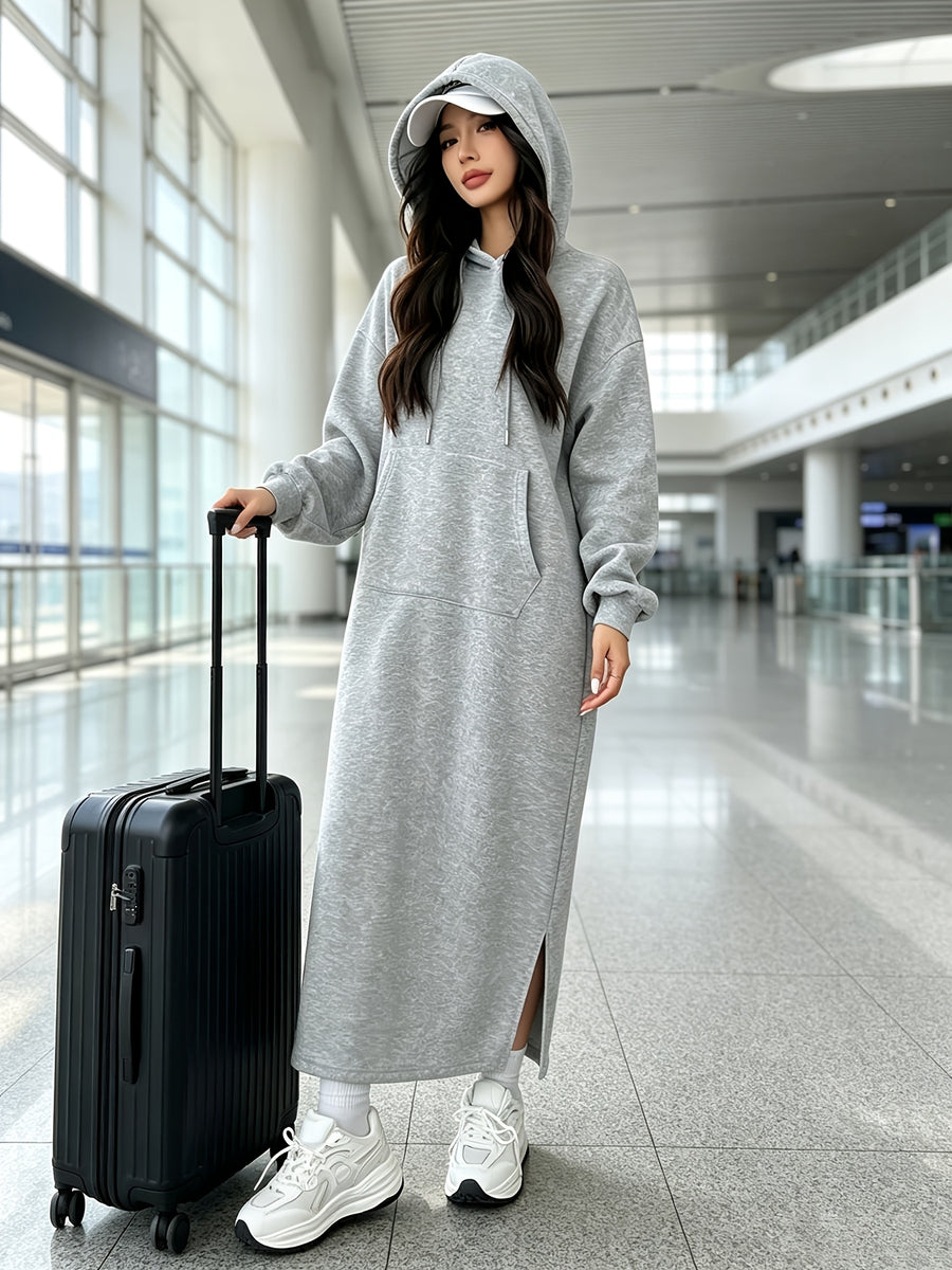 Women's Winter Warm -Lined Long Hooded Sweatshirt Dress with Side Slits, Kangaroo Pocket, Loose Fit, Casual Daily Loungewear - Grey