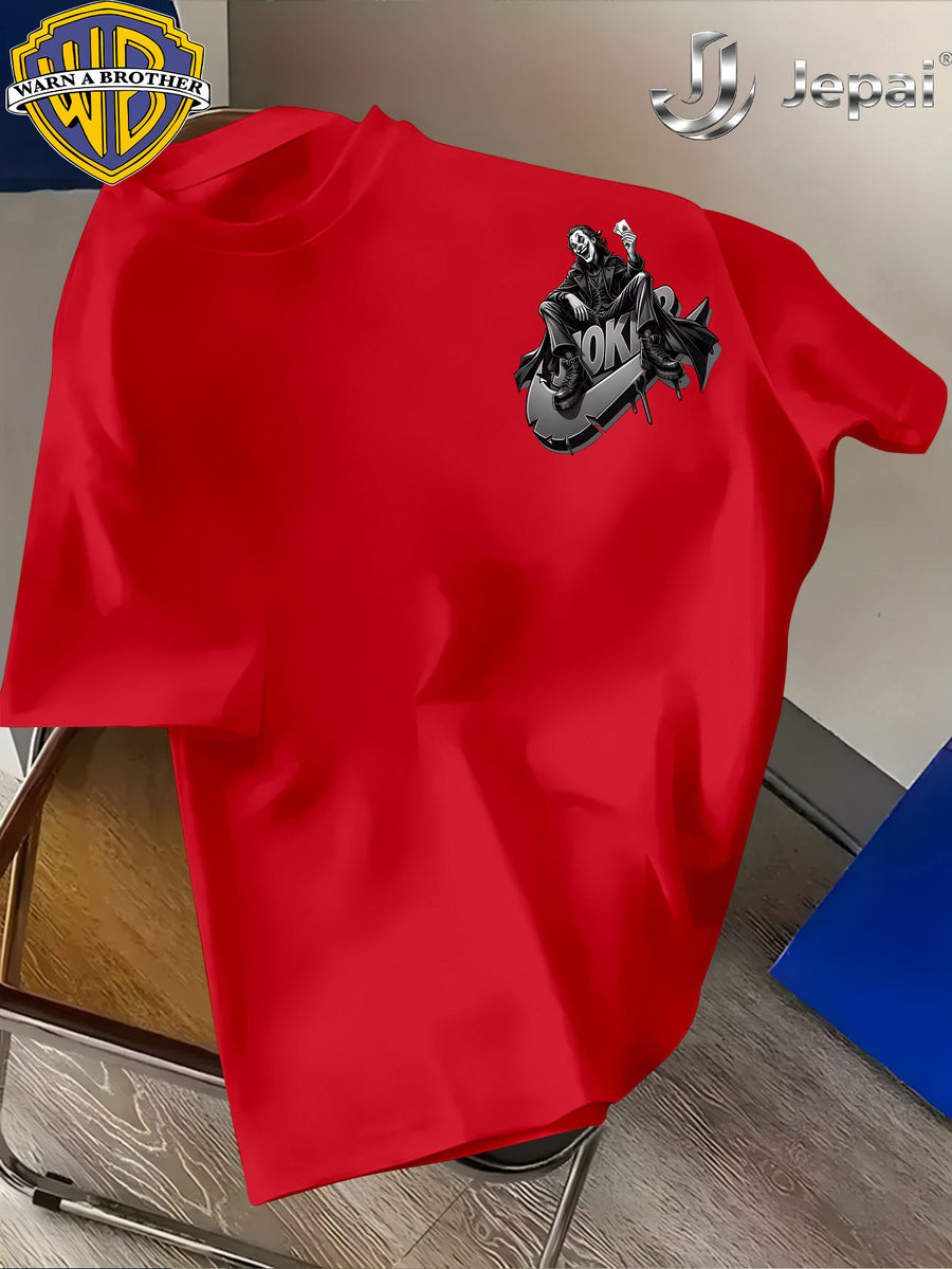 Warner Exclusive, Vintage Street Style DC Joker Themed Print Men's Summer Basic Daily Casual Short-Sleeve Top, Casual Crew Neck Shirt, Suitable for Outdoor Wear, Fitness, Office, and Daily Outfits, an Essential Item for Men's Basic Wardrobe - Red