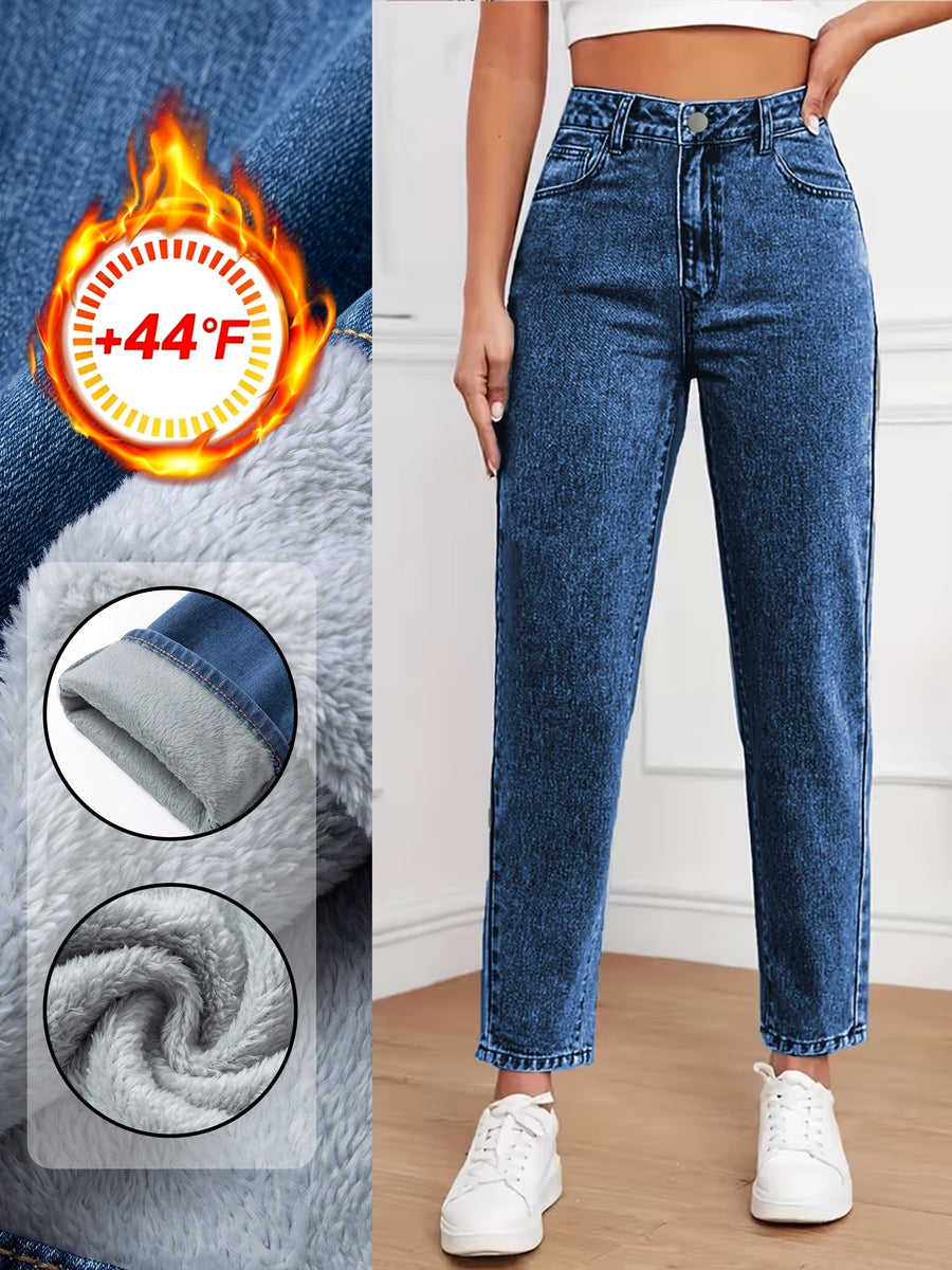 Women's -Lined Stretch Mid-Waist Classic Dark Blue Jeans - Deep Blue