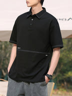 Summer Fashion Men's Collection: Contrast Stitch Collar Shirt with Letter Embroidery, Patchwork Top - Black