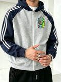WB Warner Bros. Official Licensed Men's Raglan Sleeve Colorblock Zip-Up Hooded Sweatshirt, Rick and Morty Multiverse Alien Adventure Print Design, Autumn/Winter Loose Fit Color-Block Striped Sport Hoodie, Trendy Brand Fashion Casual Versatile Zip - Gray And Navy Blue