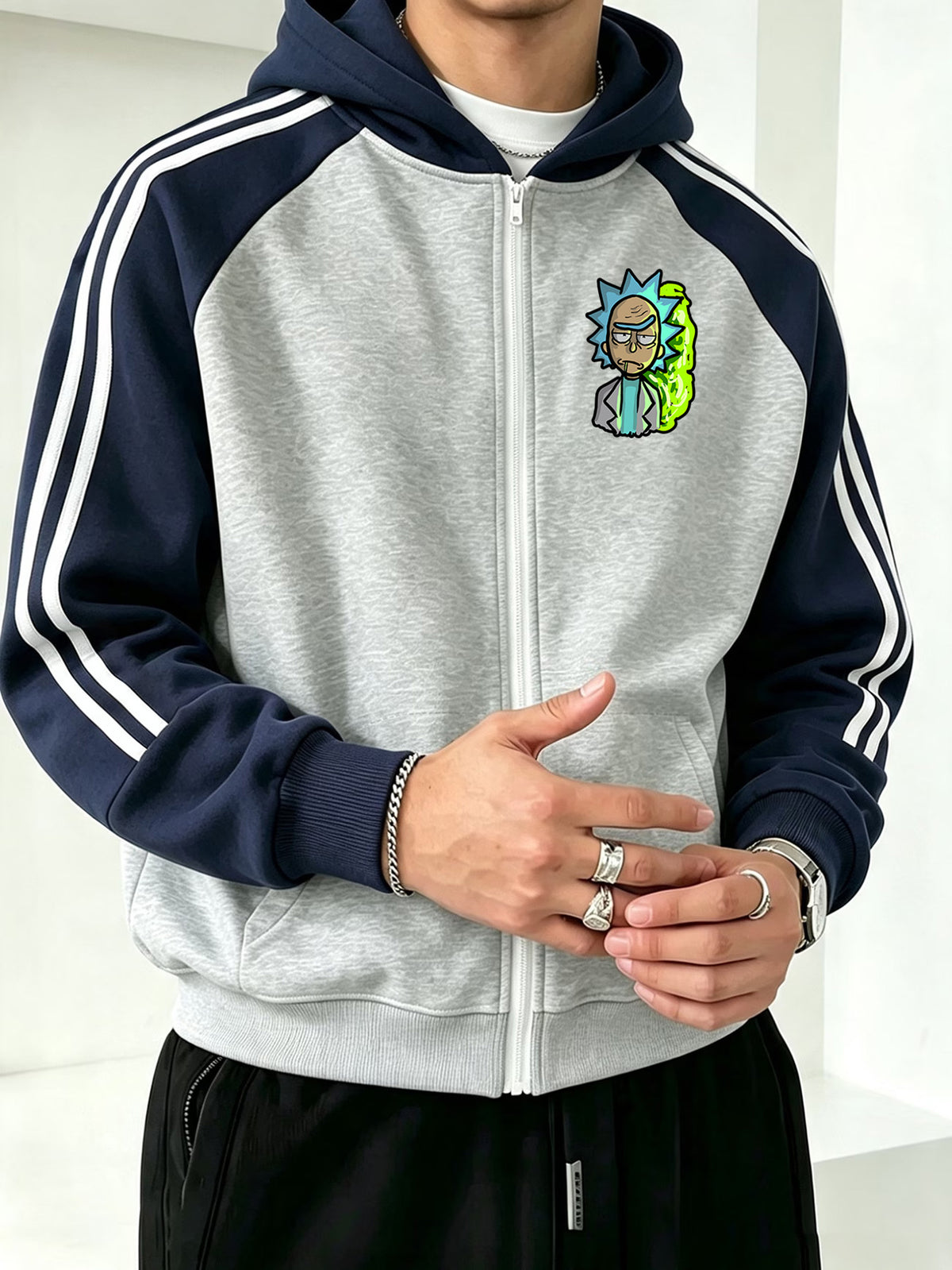 WB Warner Bros. Official Licensed Men's Raglan Sleeve Colorblock Zip-Up Hooded Sweatshirt, Rick and Morty Multiverse Alien Adventure Print Design, Autumn/Winter Loose Fit Color-Block Striped Sport Hoodie, Trendy Brand Fashion Casual Versatile Zip - Gray And Navy Blue
