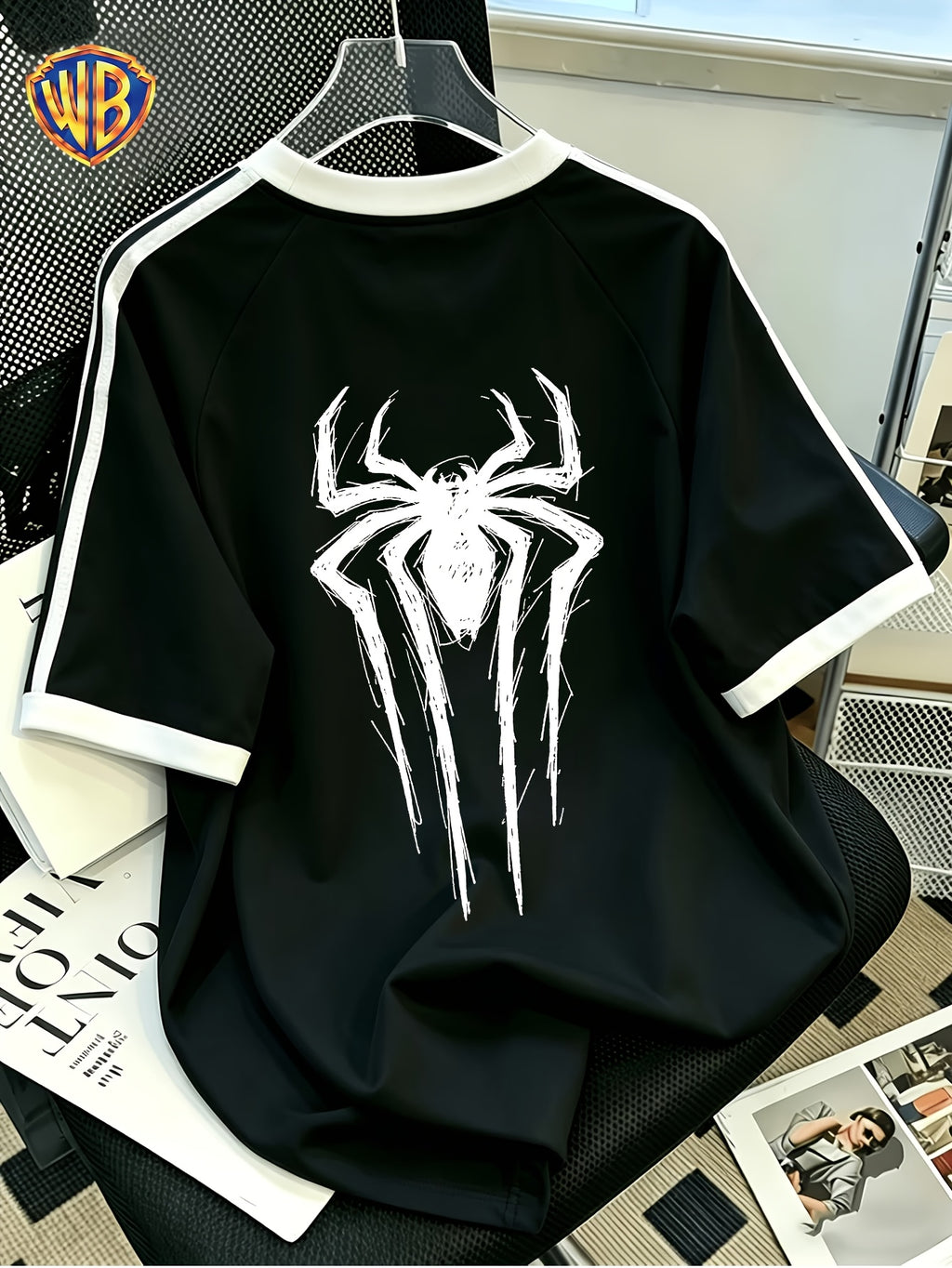 Warner Bros. Official IP Series T-Shirt - Dark Style Hero Totem Print with Contrast Trim Design, Featuring Streetwear Brand Attributes for Effortless American Street Style, Unisex - Black