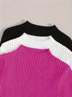 3pcs Set Stand Collar Ribbed Base Layer Stretch Plain Color Versatile Vintage - Multicolor 7