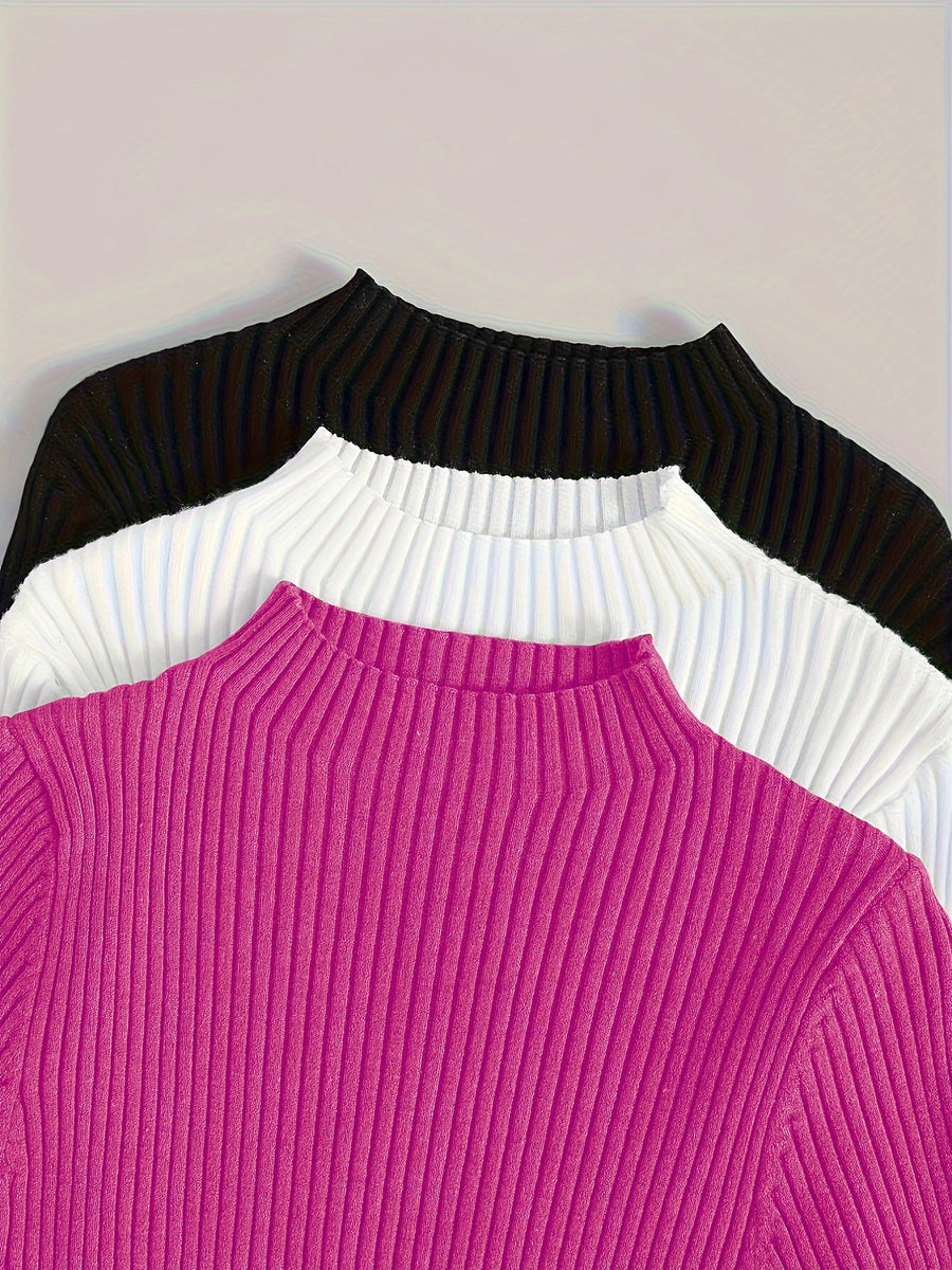 3pcs Set Stand Collar Ribbed Base Layer Stretch Plain Color Versatile Vintage - Multicolor 7