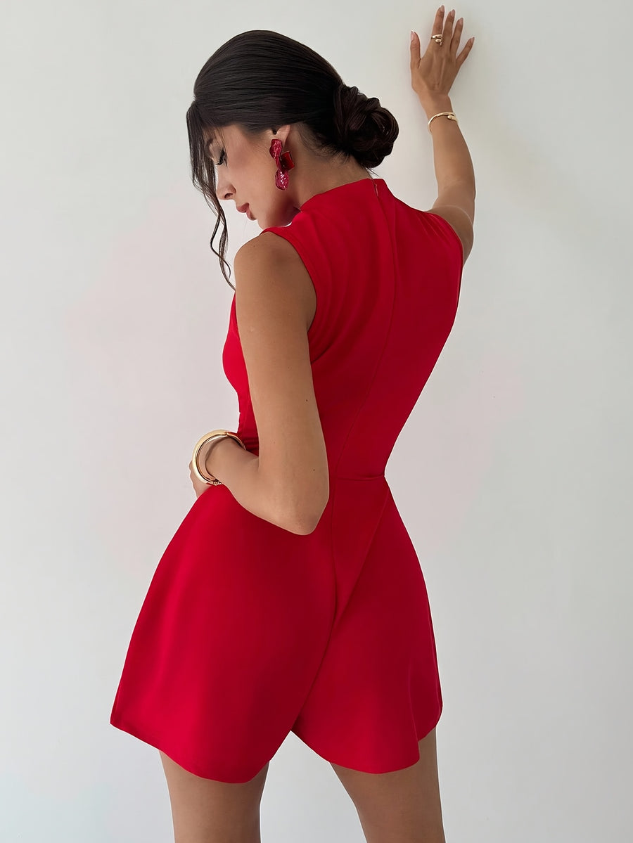 Elegant Women's A-Line Mini Jumpsuit with Ruffle Trim, Perfect for Casual Daily Wear, Weddings, Parties, Music Festivals, Holidays, and Teacher Outfits. Red. LL168 - Red