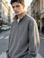 Men' Quarter-Zip Stand Collar Knit Sweater with Diagonal Texture & Ribbed Hem/Cuff Trim - Loose Fit Warm -Pullover Suitable for Autumn Winter Daily Commute, Casual Office Wear, Layering Base Layer - Dark Gray