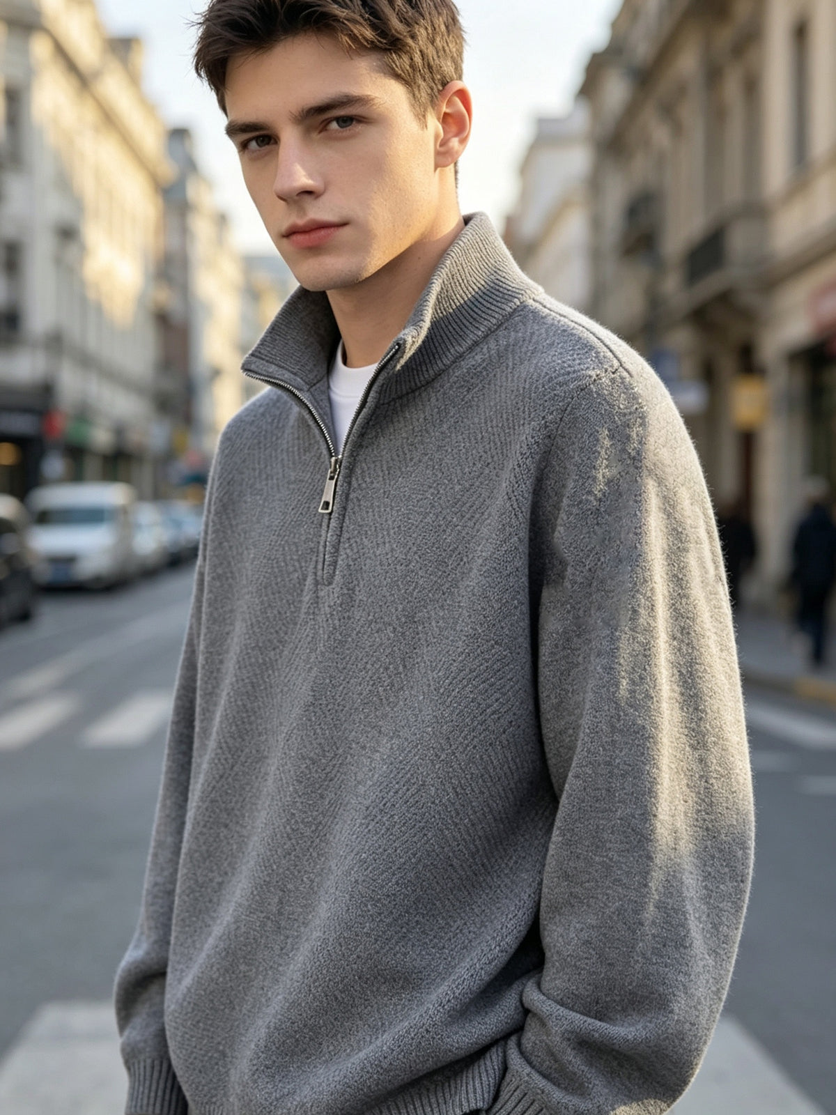 Men' Quarter-Zip Stand Collar Knit Sweater with Diagonal Texture & Ribbed Hem/Cuff Trim - Loose Fit Warm -Pullover Suitable for Autumn Winter Daily Commute, Casual Office Wear, Layering Base Layer - Dark Gray