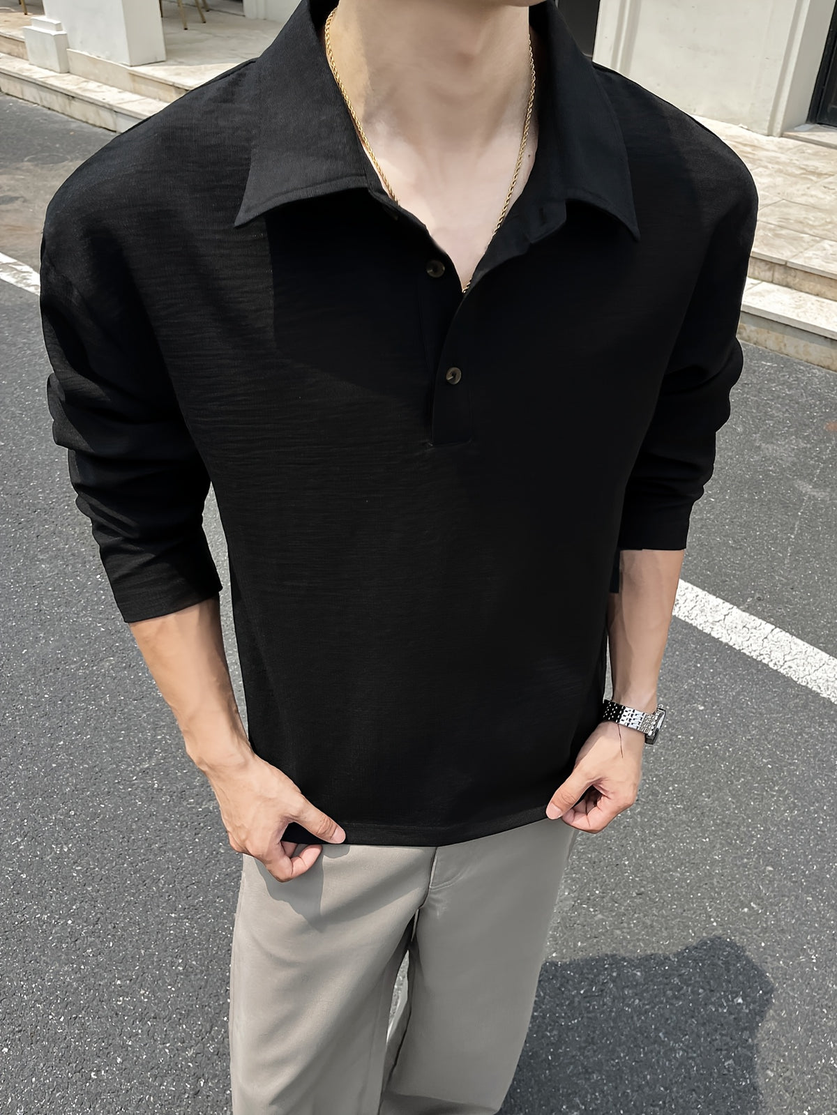 Men'S Casual Athletic T-Shirt, 1pc Men'S Fashion Trendy Casual Lapel T-Shirt, Loose Fit, Comfortable Linen-Like Fabric, Suitable for Daily Casual Outing Wear - Black