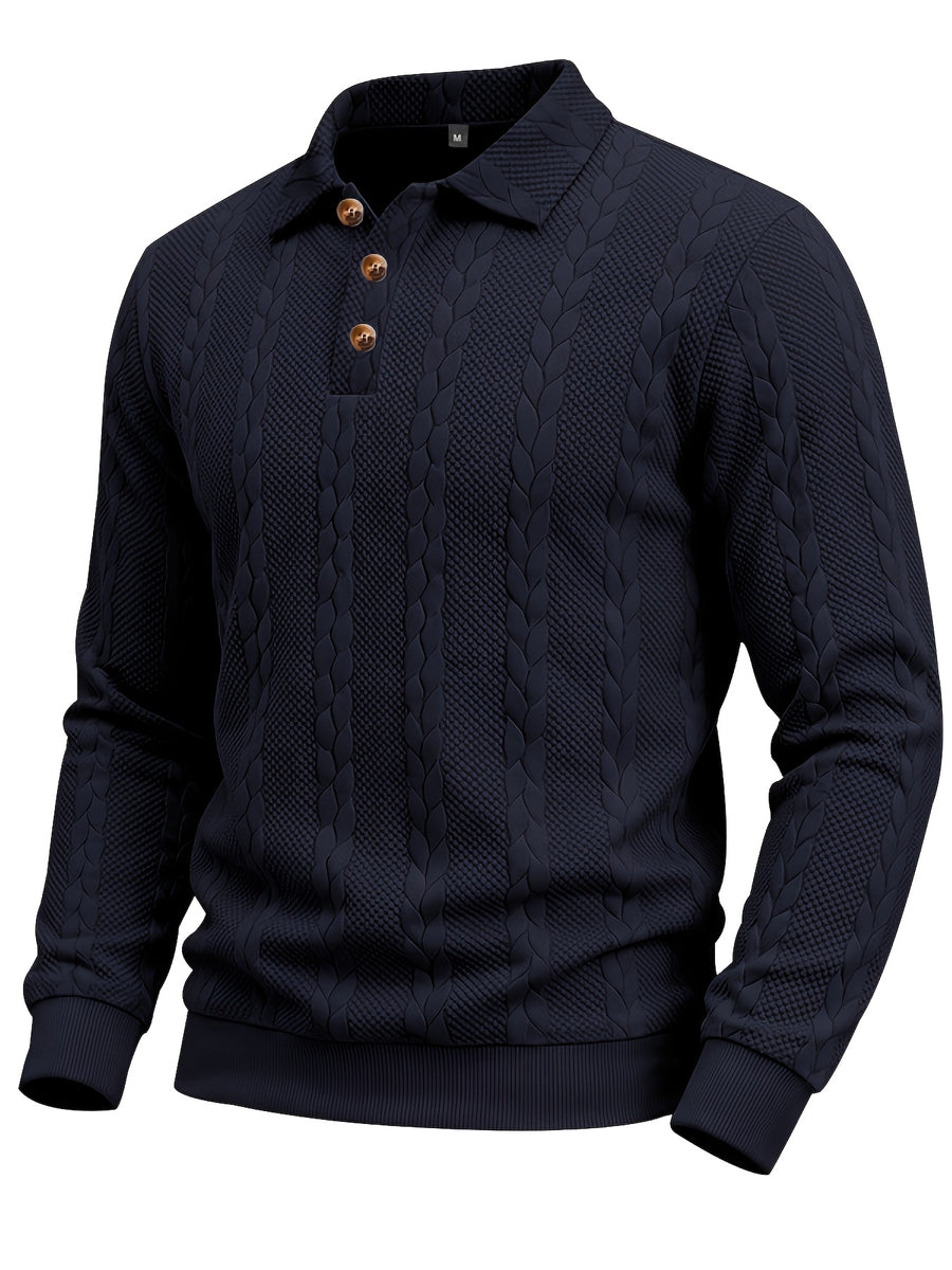 New Men'S Retro Jacquard Lapel Knit Polo Sweater Autumn Business Casual Long Sleeve Sweater Loose All-Match Solid Color Pullover Top - Navy Color