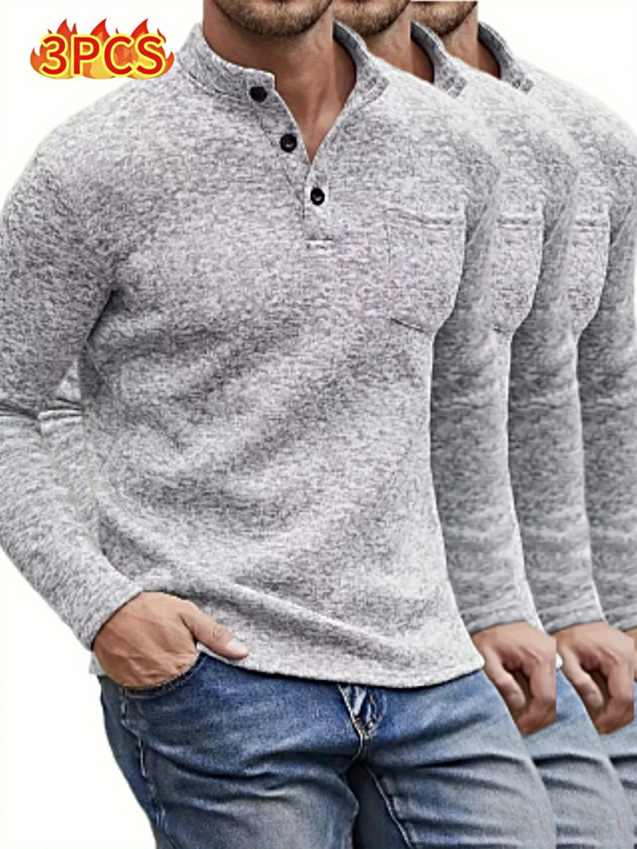 Set of 3, Fleece-Lined Shirt, Men'S Casual Shirt, Men'S Spring And Autumn Base Layer, Business Knit Long Sleeve, Stand Collar Top with Chest Pocket - Light gray + light gray + light gray
