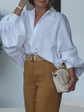Women'S Elegant Lapel Lantern Sleeve Button-Up Batwing Shirt, Oversized Solid Color Fashion Versatile All-Season Top - White