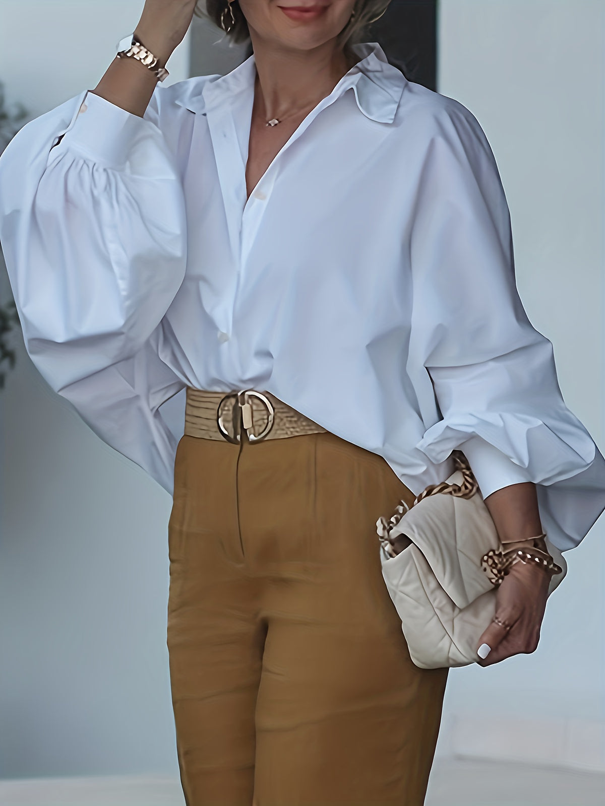 Women'S Elegant Lapel Lantern Sleeve Button-Up Batwing Shirt, Oversized Solid Color Fashion Versatile All-Season Top - White