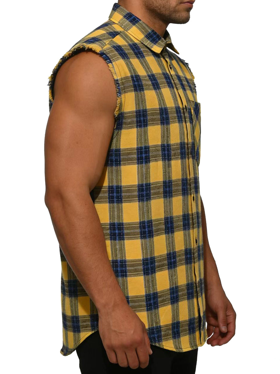 Men'S Summer Casual Shirt, Sleeveless Yellow And Blue Checkered Top - Lemon Yellow