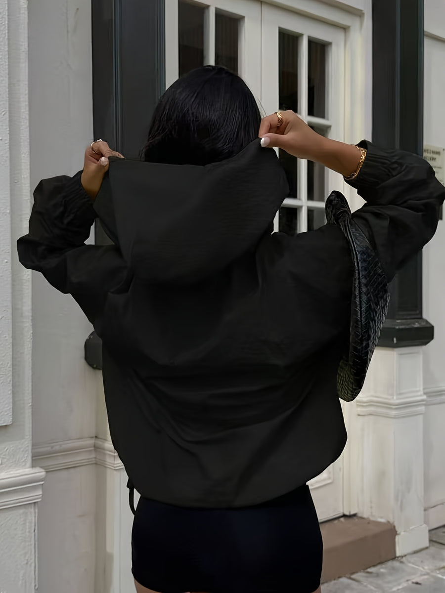 Women'S Summer New Half-Zip Hooded Loose Long Sleeve Thin Jacket Top Casual Versatile Coat - Black