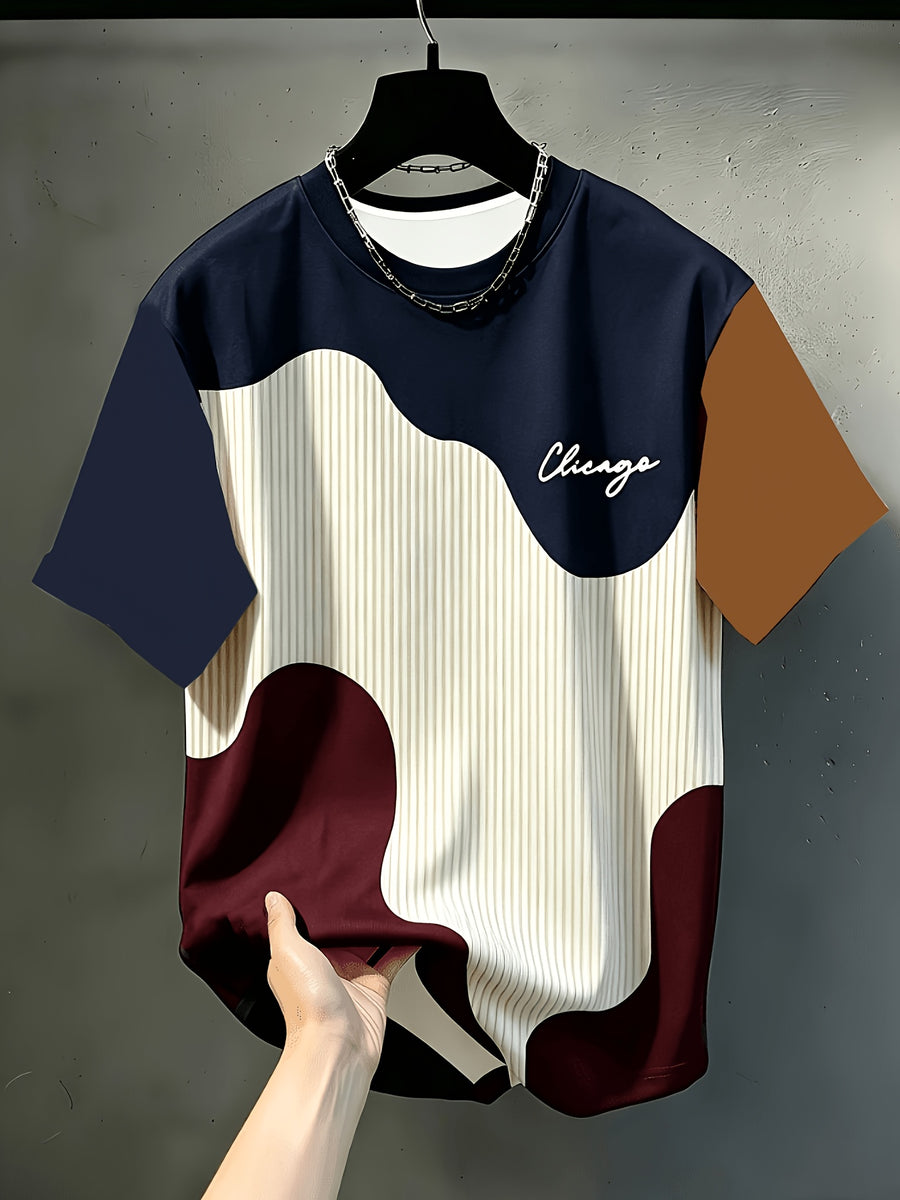 Print Design Textureless Men'S Casual Round Neck T-Shirt, Geometric Pattern Patchwork Striped Design, Chicago Word Pattern, Drapey Fashion Top, All-Season Wear, Breathable Regular Fit for Casual And Formal Outfits - Round Neck Casual Top - Mixed Color 2