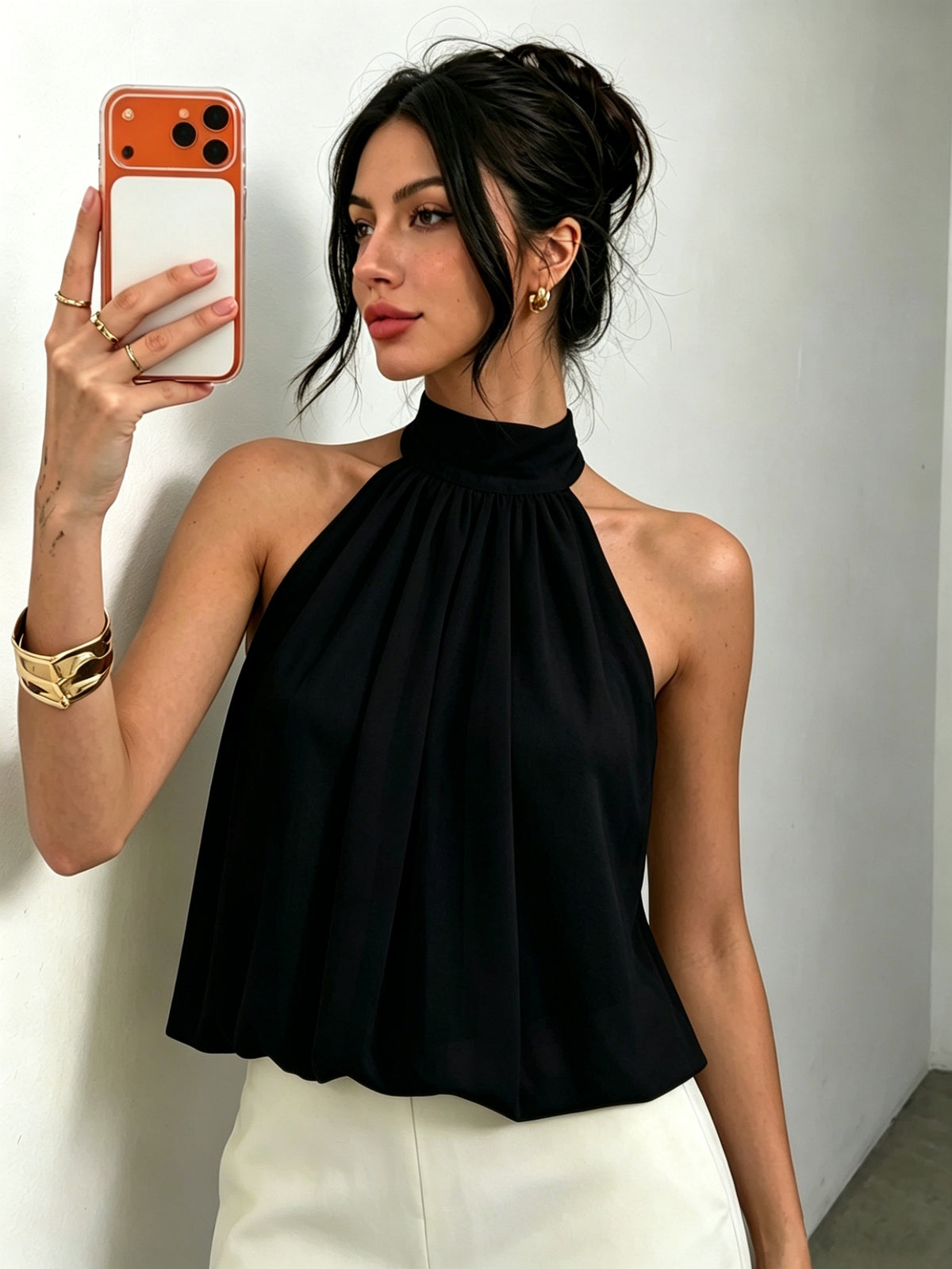 Women's Elegant Halter Neck Tie-Back Semi-Sheer Lightweight Top - Black
