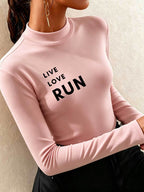 Women'S Easy Trendy Warm Long Sleeve Half Turtleneck Base Layer Top, Hot Trendy LOVE RUN Letter Print Pattern, Spring Autumn Winter New Casual Age-Reducing Stylish Long Sleeve Top, Fashionable Elegant Design Layering - pink