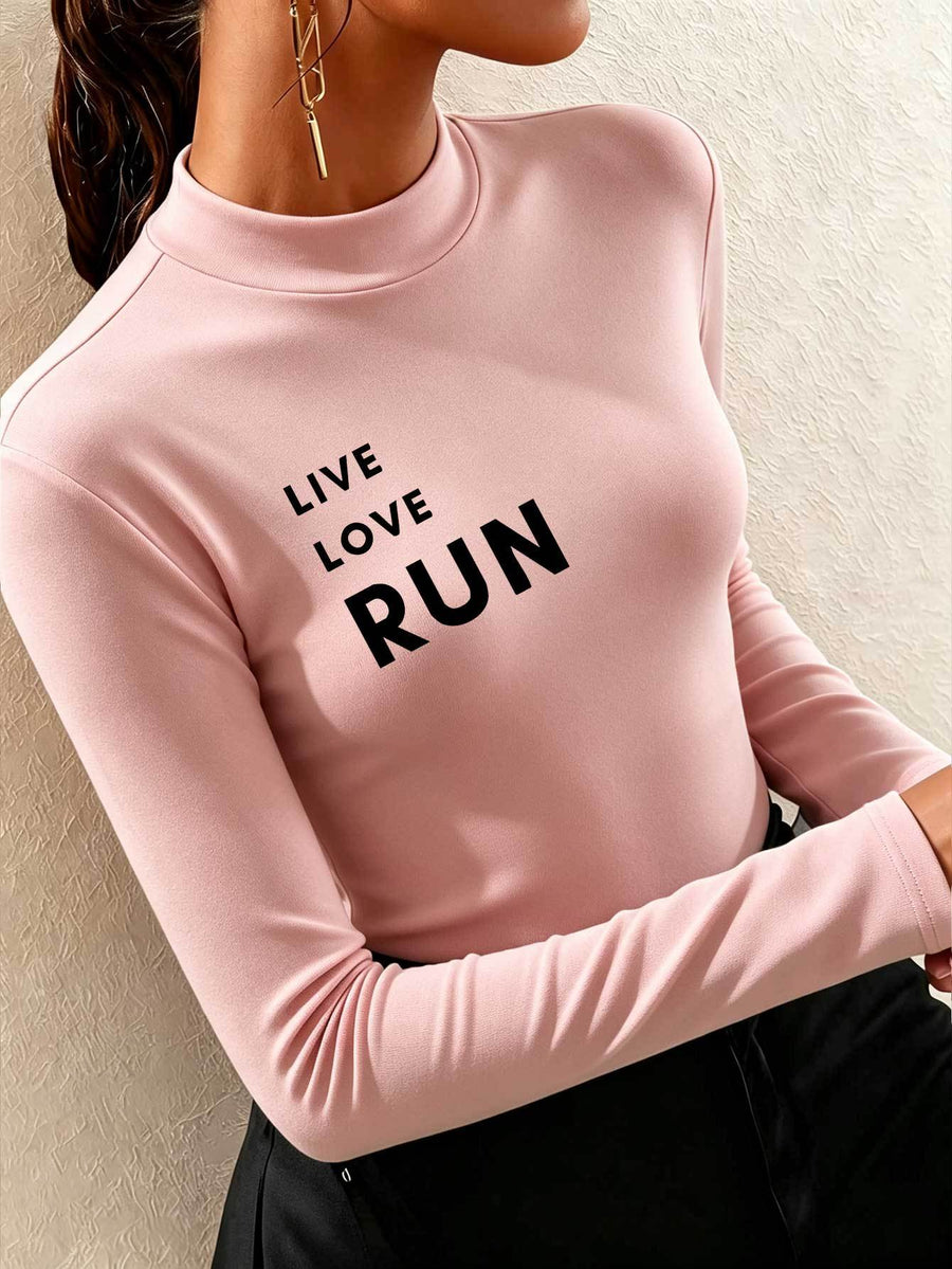 Women'S Easy Trendy Warm Long Sleeve Half Turtleneck Base Layer Top, Hot Trendy LOVE RUN Letter Print Pattern, Spring Autumn Winter New Casual Age-Reducing Stylish Long Sleeve Top, Fashionable Elegant Design Layering - pink