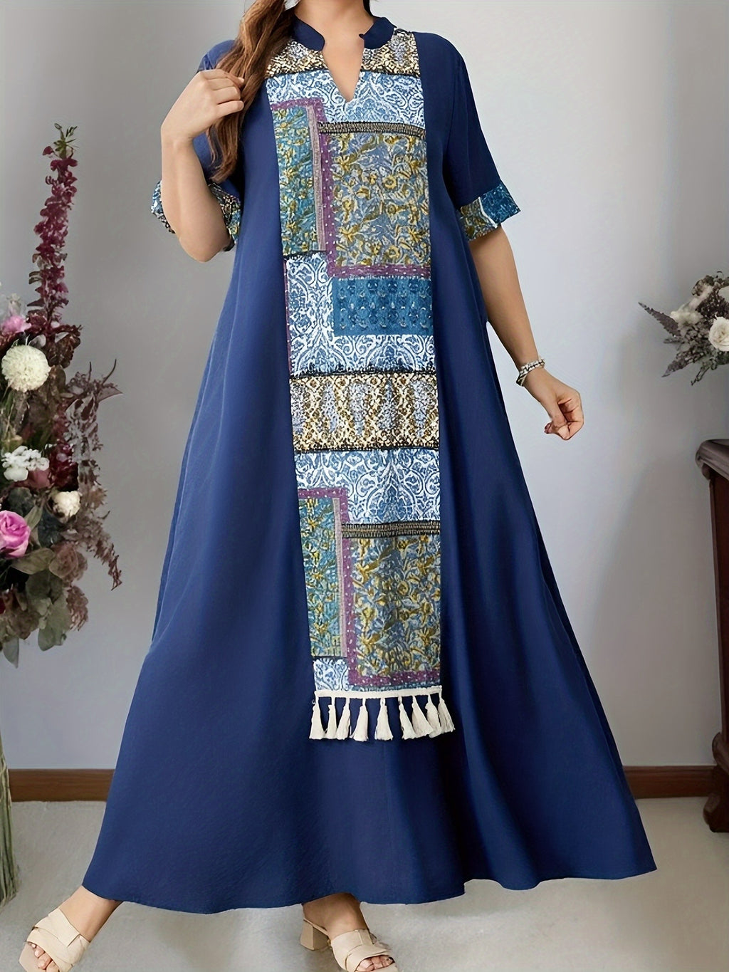 Spring and Summer New Elegant Loose Comfortable Short Sleeve Sweetheart Neck Long Colorblock Print Middle Eastern Robe Fashionable Ladies Dress - Navy Color