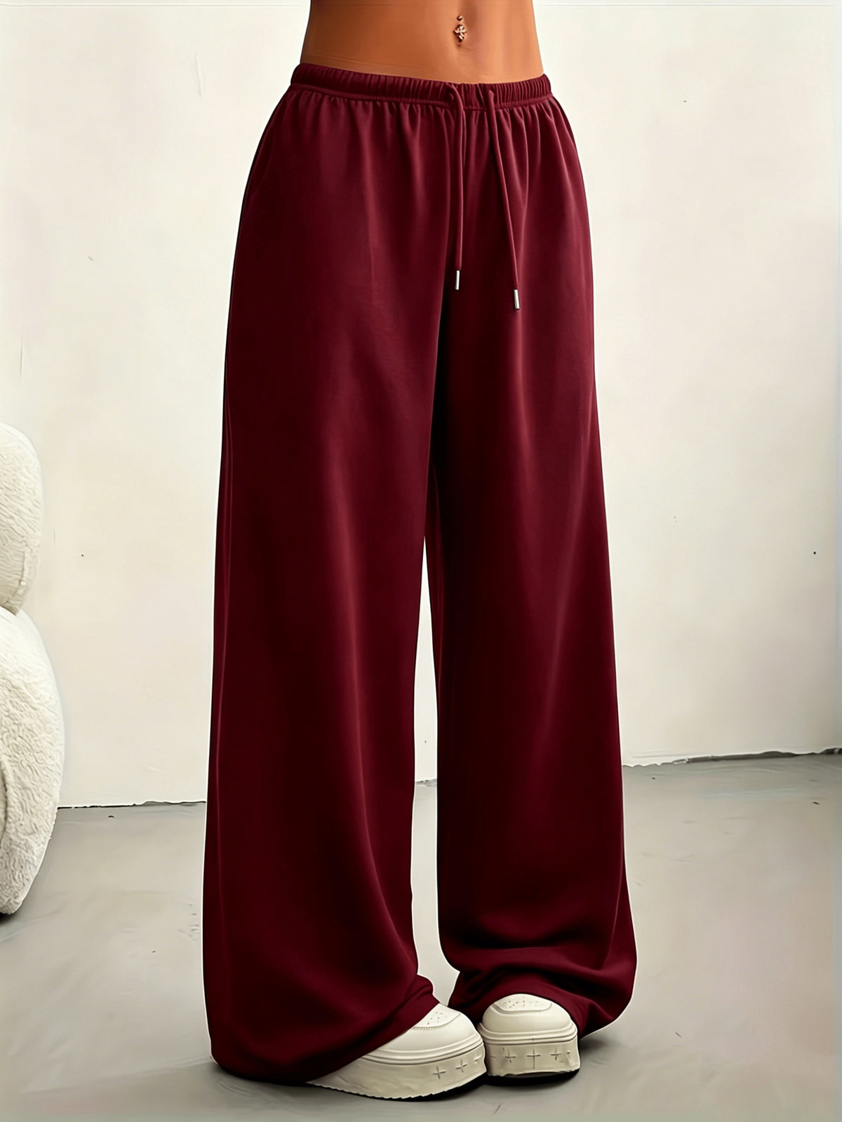 Women'S Loose Off-Shoulder Solid Color Top And Straight Leg Pants Athletic Casual Set - Wine Red 2