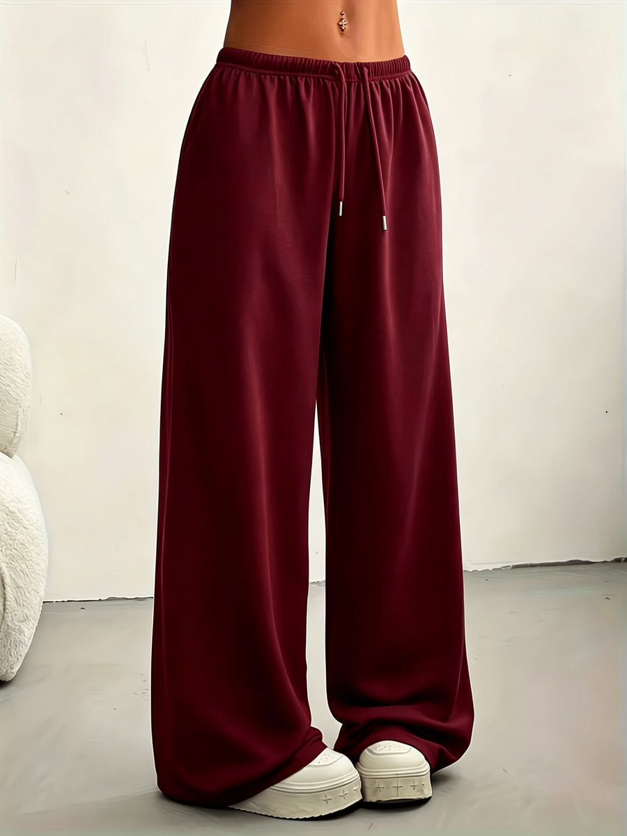 Women'S Loose Off-Shoulder Solid Color Top And Straight Leg Pants Athletic Casual Set - Wine Red 2