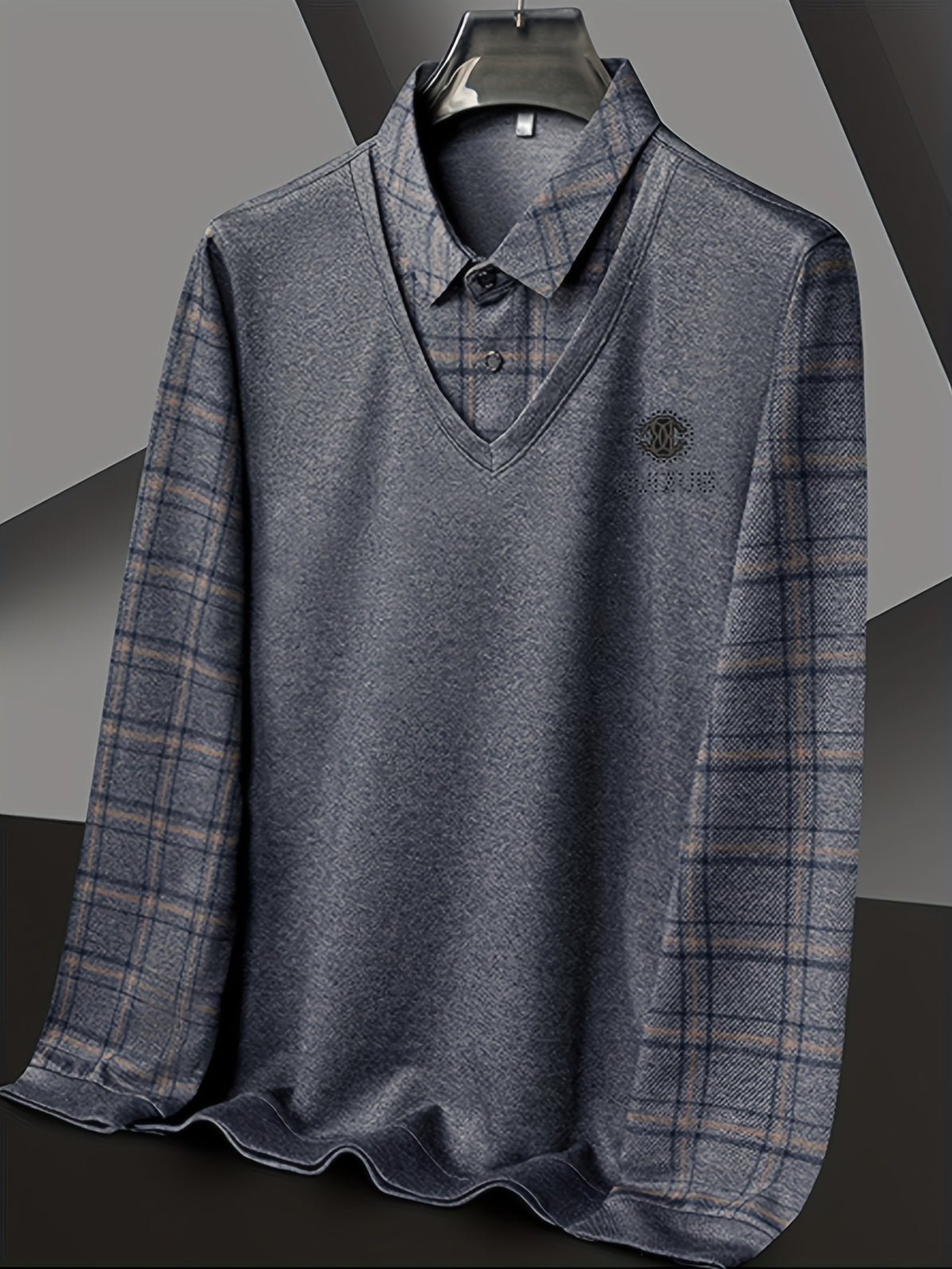 Striped Long-Sleeve Men'S Faux Two-Piece Top, Thin Autumn Winter Base Layer T-Shirt - President Gray