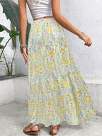 Women's Elegant Spring/Summer Bohemian Vacation Style Small Floral Print High-Waist Long A-Line Flared Beach Dress - Yellow