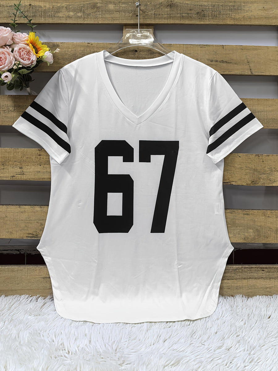 2026 European And American Spring Summer New Women'S Clothing Digital Print Curved Hem V-Neck Loose Casual Short Sleeve T-Shirt Top - White