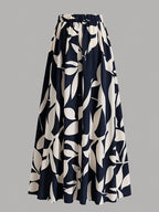 Women's Wide-Length Watercolor Midi Skirt - High-Waisted Loose Skirt Suitable for Spring Summer Fall, Elegant Office to Casual Wear, Machine Washable Skirt - Dark Blue